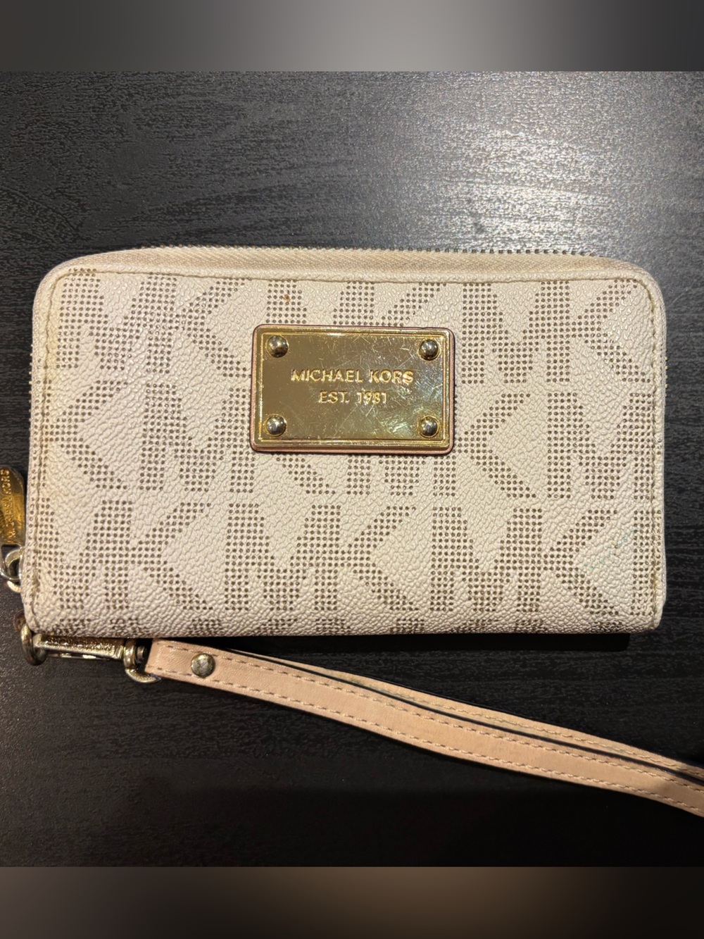 Michael Kors Cream Logo Zip Wristlet with Gold Plate